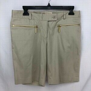 Michael Kors Women's Size 6 Stretch Bermuda Shorts Beige Front Gold Zip Pockets